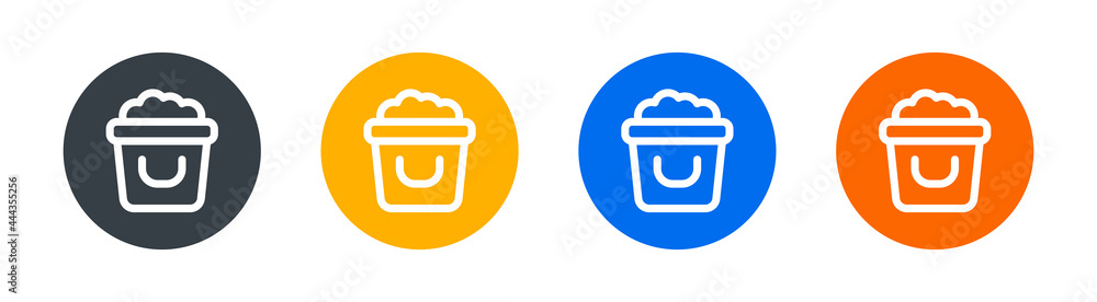 Bucket with sand icon on button sign. Bucket with sand icon on button sign.