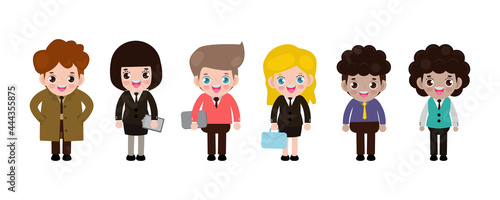 Group of working people standing on white background, business men and business women in flat design people characters Various nationality african american, asian, european vector illustration