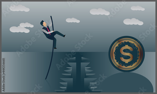 vector illustration of 
the businessman in pole vaulting concept, business man crosses the abyss