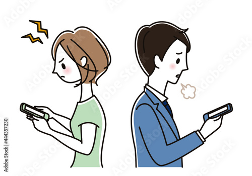 スマホを見てため息をつく男性とイライラする女性