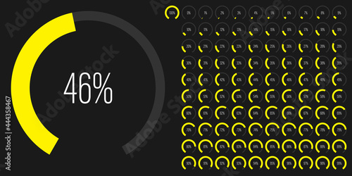 Set of circular sector arc percentage diagrams meters progress bar from 0 to 100 ready-to-use for web design, user interface UI or infographic - indicator with yellow