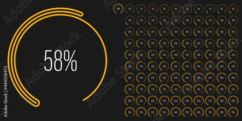 Set of circular sector arc percentage diagrams meters progress bar from 0 to 100 ready-to-use for web design, user interface UI or infographic with line concept - indicator with yellow