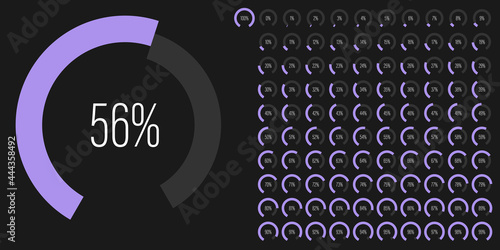 Set of circular sector arc percentage diagrams meters progress bar from 0 to 100 ready-to-use for web design, user interface UI or infographic - indicator with purple
