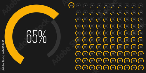 Set of circular sector arc percentage diagrams meters progress bar from 0 to 100 ready-to-use for web design, user interface UI or infographic - indicator with yellow