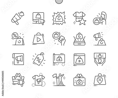 Product promotion. Hot discounts and sale. Video advertisement. Online store. Promoter. Pixel Perfect Vector Thin Line Icons. Simple Minimal Pictogram