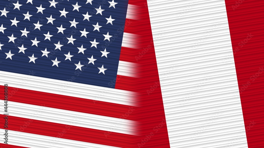 Fototapeta premium Peru and United States of America Flags Together Fabric Texture