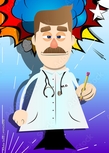 Funny cartoon doctor holding a pencil in his hand. Vector illustration.