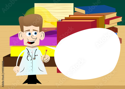 Funny cartoon doctor holding a pencil in his hand. Vector illustration.