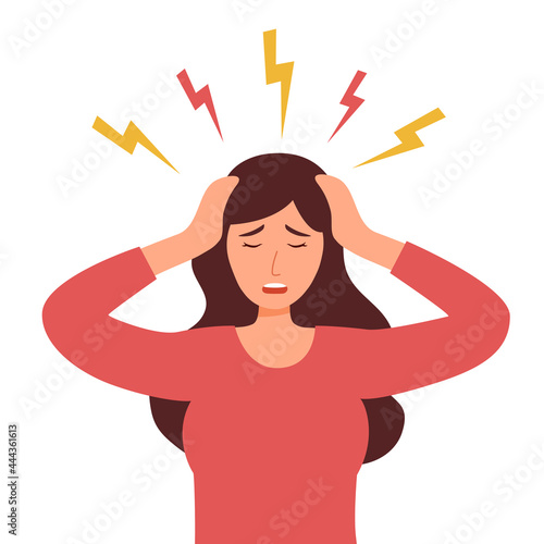Woman is holding her head with confusing and anxiety expression. Stressed female  concept vector illustration on white background.