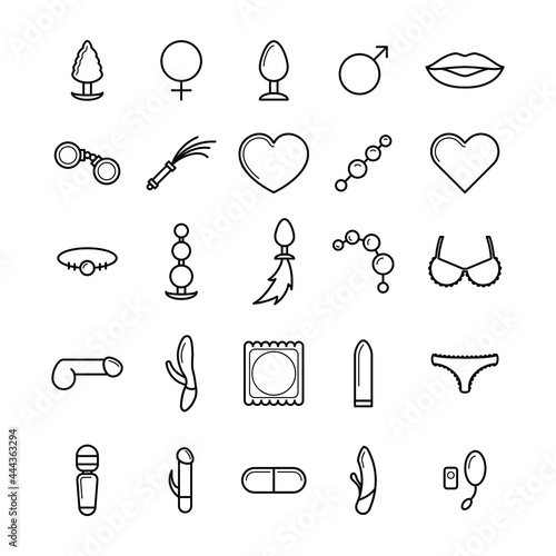 Set Abstract Doodle Elements Hand Drawn Collection Different Sex Shop Intim Adult Vibrator Heart Underpants Brassiere Condom Handcuffs Vector Design Style Background Illustration Cartoon Icons