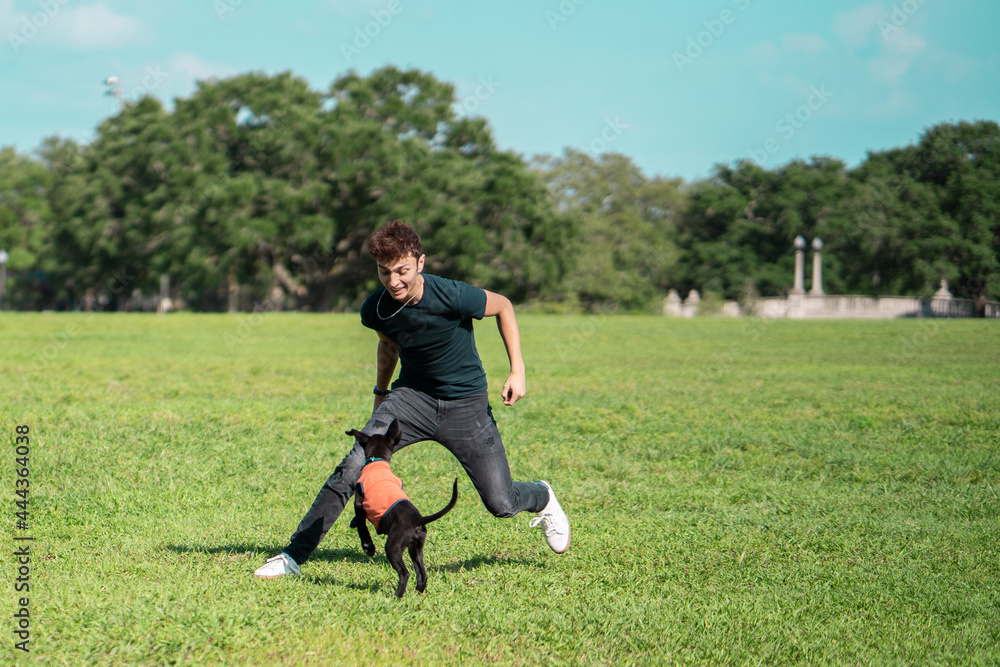 Latin man walks his puppy, dog at the park. Summer activities Latin man walks his puppy, dog at the park. Summer activities