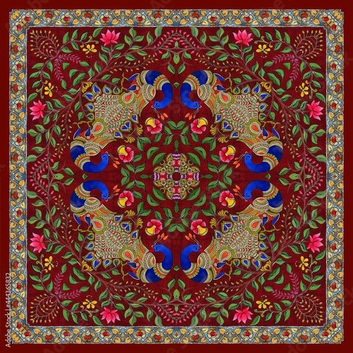 traditional square scarf with different geometric and paisley pattern
