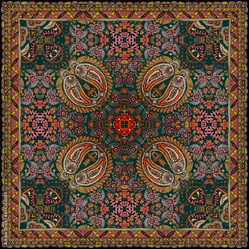 traditional square scarf with different geometric and paisley pattern
