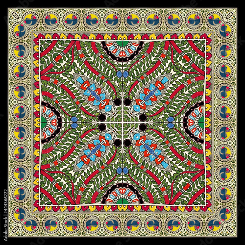 traditional square scarf with different geometric and paisley pattern
