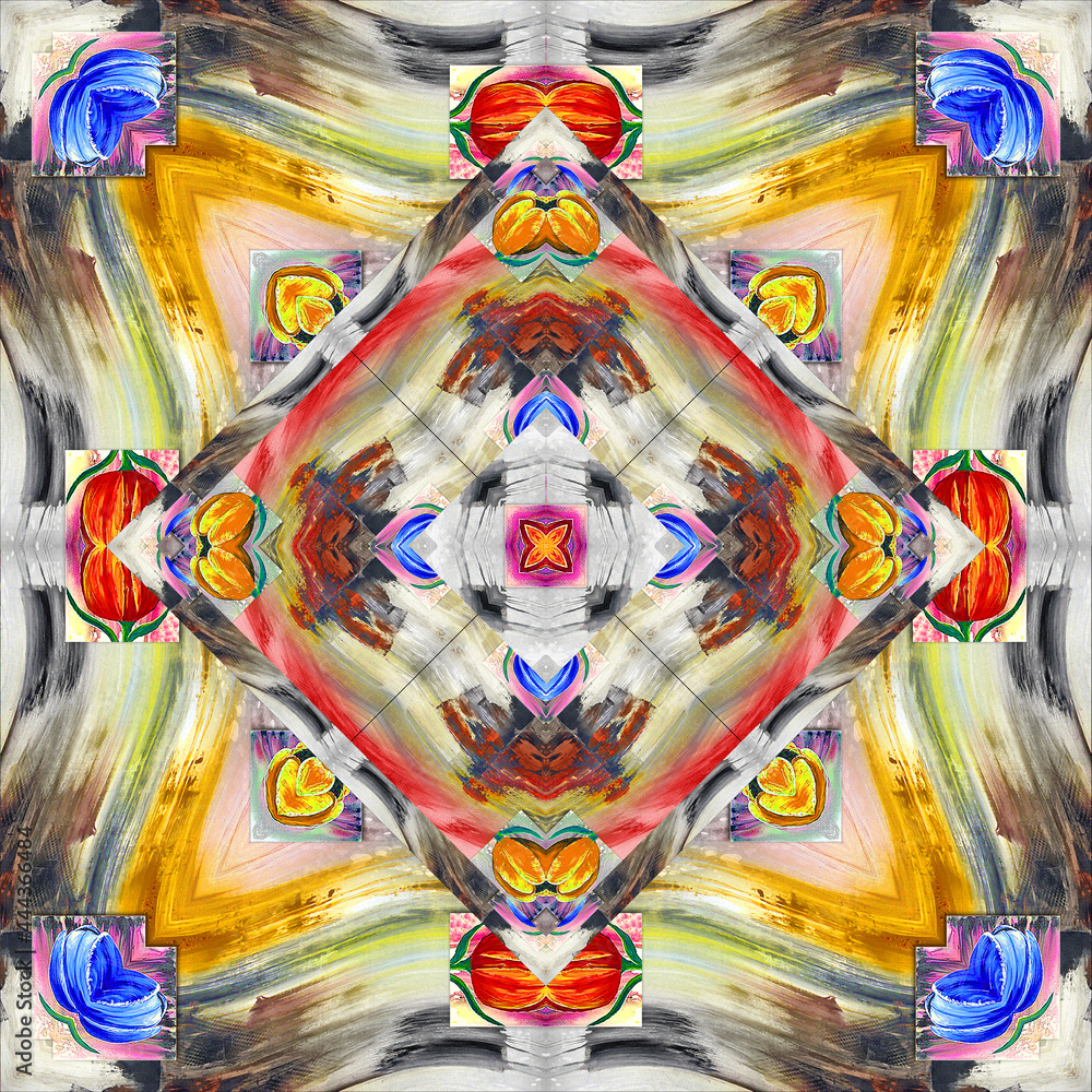 Fototapeta premium traditional square scarf with different geometric and paisley pattern 