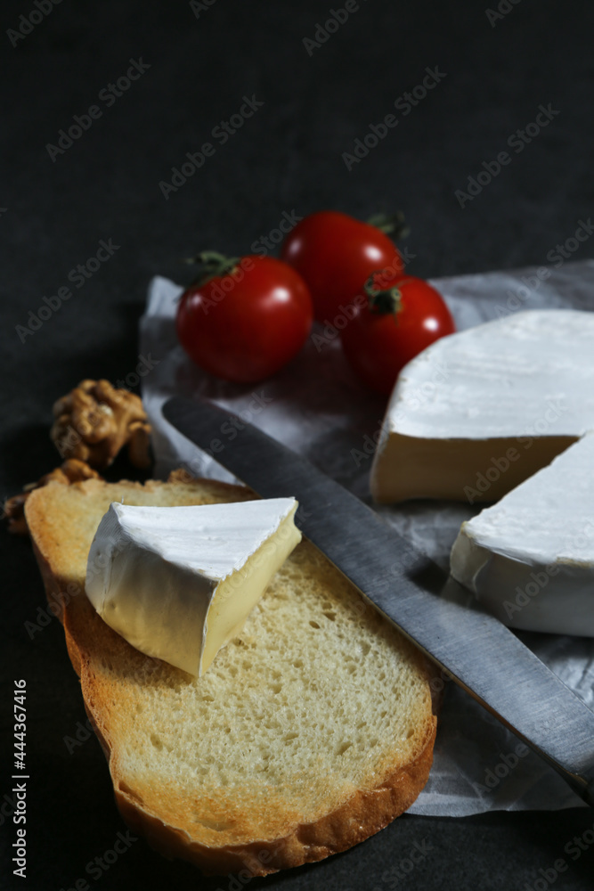 Still life with cheese on a dark background