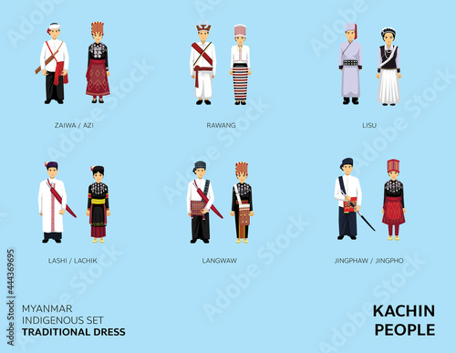 Myanmar Indigenous Set Traditional Dress Kachin People Cartoon