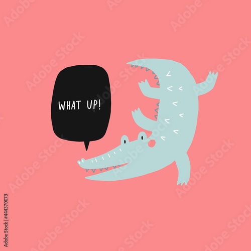 Cute cartoon hand drawn crocodile. Vector illustration with character silhouette alligator. Crocodile on  rollerblades