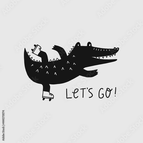 Cute cartoon hand drawn crocodile. Vector illustration with character silhouette alligator. Crocodile on  rollerblades