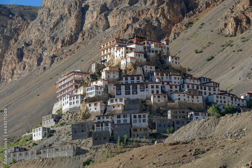 Kee, India - June 2021: Views of the Key Monastery in Kee on June 29, 2021 in Spiti valley, Himachal Pradesh, India.