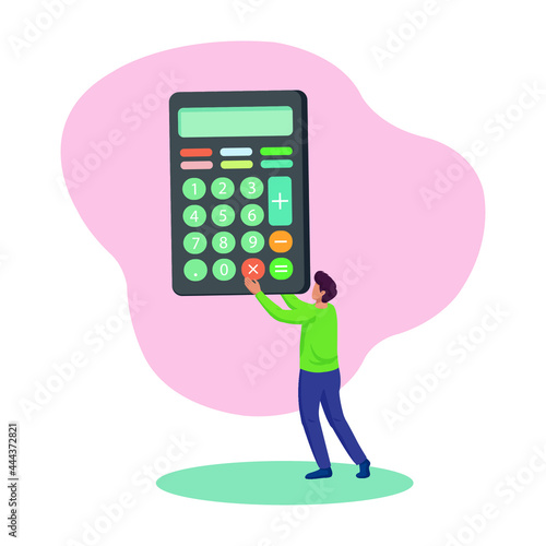 Man holding giant calculator flat vector illustration.