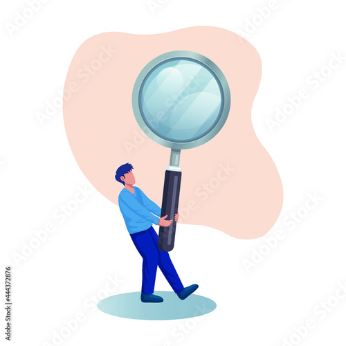 Man carrying magnifying glass flat vector illustration.