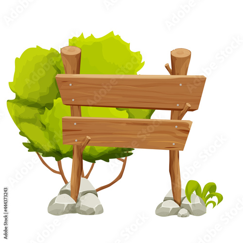 Wooden pointer, signboard with rock, stone pile, moss, grass and bush in cartoon style isolated on white background. Ui asset, design element. Textured old tree branch with plank.