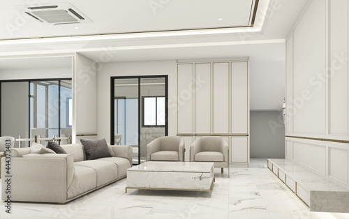 Wallpaper Mural White Modern classic interior design living and dining room with classical element molding cornice a bit gold texture and wall decoration and gray sofa armchair 3d rendering Torontodigital.ca