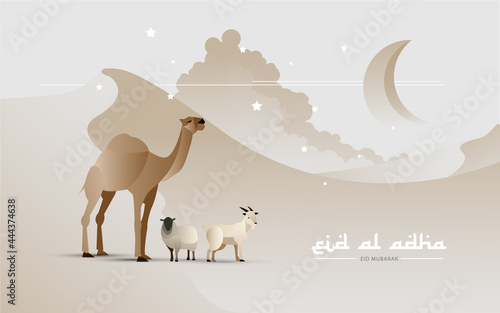 Eid Al Adha Celebration of Muslim holiday the sacrifice a camel, sheep and goat, translated into English as Feast of the Sacrifice. can use for, landing page, template, ui, web, mobile app, poster
