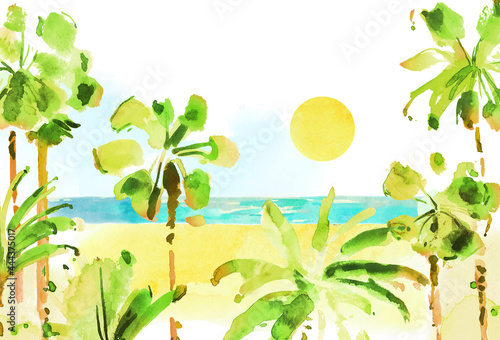Watercolor vector tropical landscape with palm trees, mountains and sea. Romantic landscape. Place for message. Postcard, banner and poster