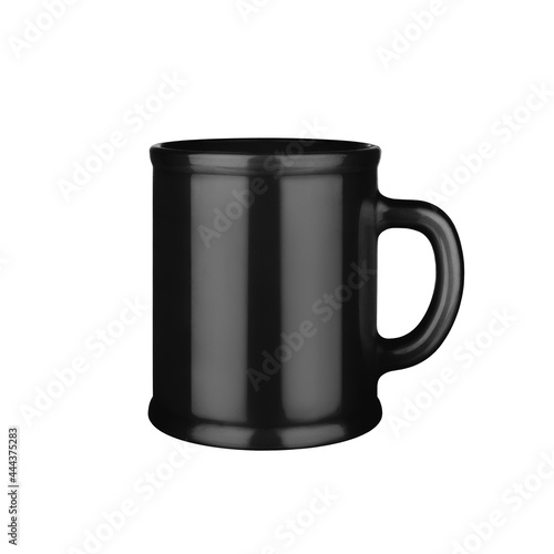 Black ceramic cup on white background isolated close up, black coffee mug with handle, teacup, crockery, ceramics, porcelain kitchen utensil, empty tea cup mockup, blank mug template