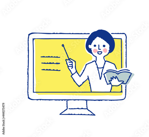 デスクトップパソコンと説明する女性
