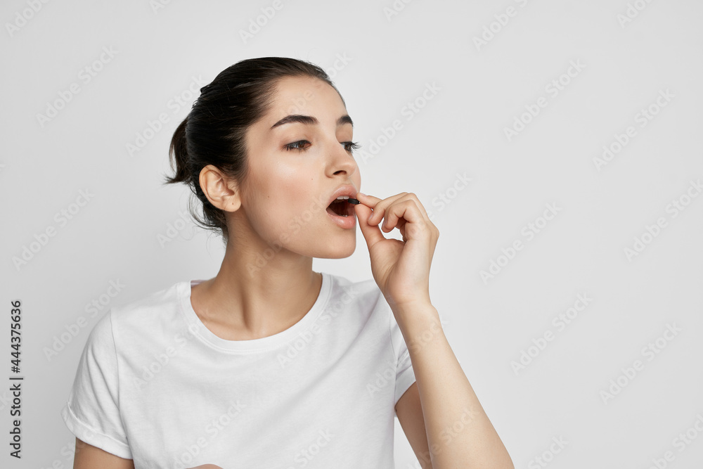 woman taking pills health problems medicine isolated background woman taking pills health problems medicine isolated background