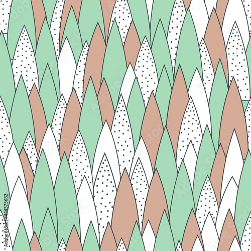 Trees. Vector illustration in Scandinavian style. Seamless pattern of whites, pale blue, pastel oranges? stylized Christmas trees. Delicate pattern for printing on textiles, paper.