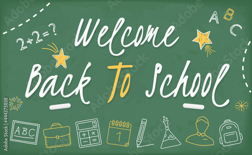 Welcome back to school banner on blackboard with school icons and stars