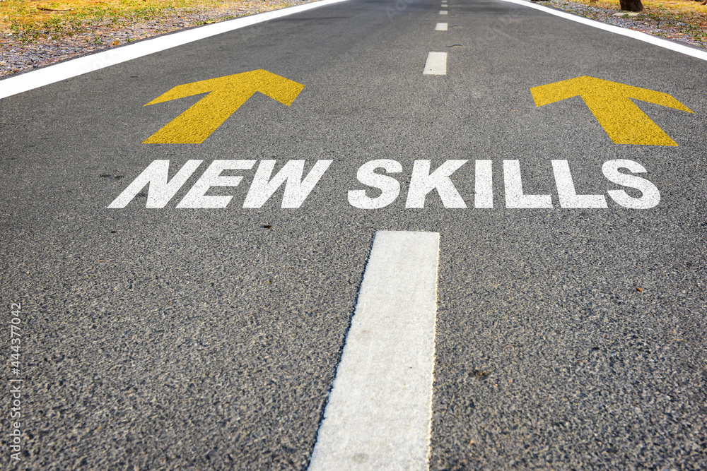 Journey to new skills. Reskilling and upskilling development concept and changing skill demand idea Journey to new skills. Reskilling and upskilling development concept and changing skill demand idea