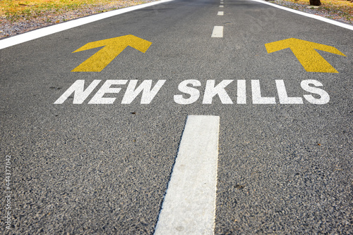 Journey to new skills. Reskilling and upskilling development concept and changing skill demand idea © smshoot