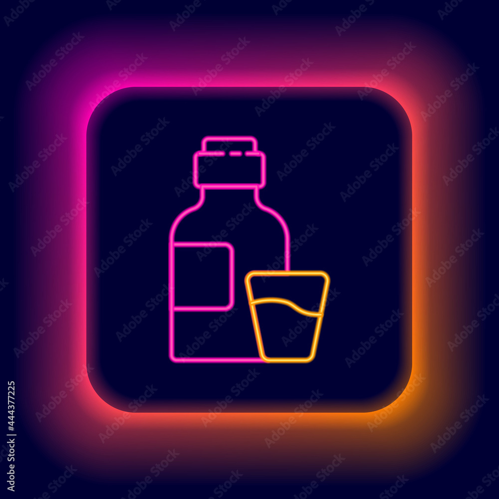 Glowing neon line Bottle of medicine syrup and dose measuring cup solid icon isolated on black background. Colorful outline concept. Vector