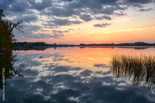 Sunset lake with reeds in rural Minnesota  USA North Turtle Lake 