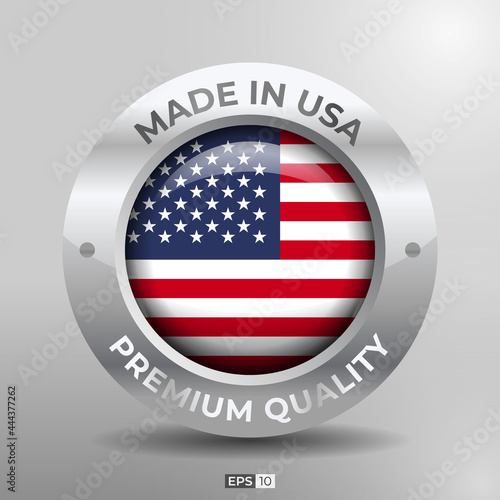 Made in USA Label, Logo, Stamp Round Flag of Nation with 3D Silver Glossy Effect