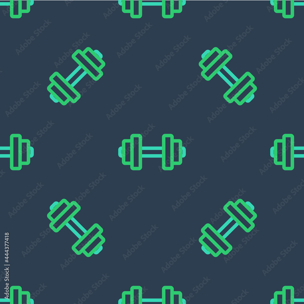 Line Dumbbell icon isolated seamless pattern on blue background. Muscle lifting icon, fitness barbell, gym, sports equipment, exercise bumbbell. Vector Line Dumbbell icon isolated seamless pattern on blue background. Muscle lifting icon, fitness barbell, gym, sports equipment, exercise bumbbell. Vector