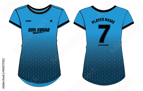 Women Sports Jersey t-shirt design concept Illustration, Geometric pattern Round neck t shirt for girls and Ladies Volleyball jersey, Football, badminton, Soccer and netball, Sport uniform kit