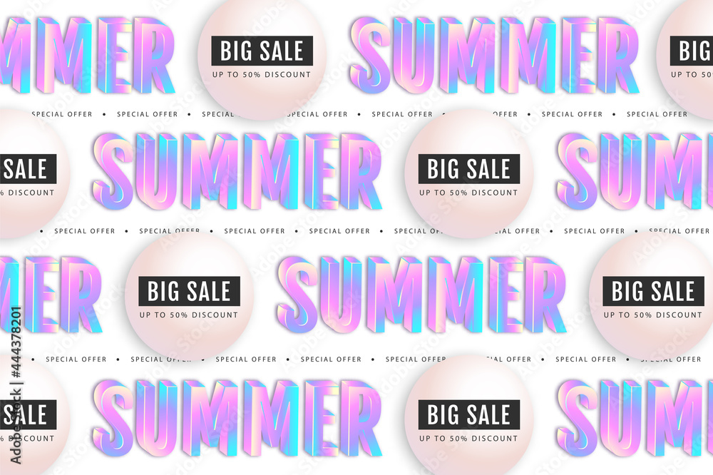 Big summer sale poster with 3D abstract holographic text elements. Vector illustration