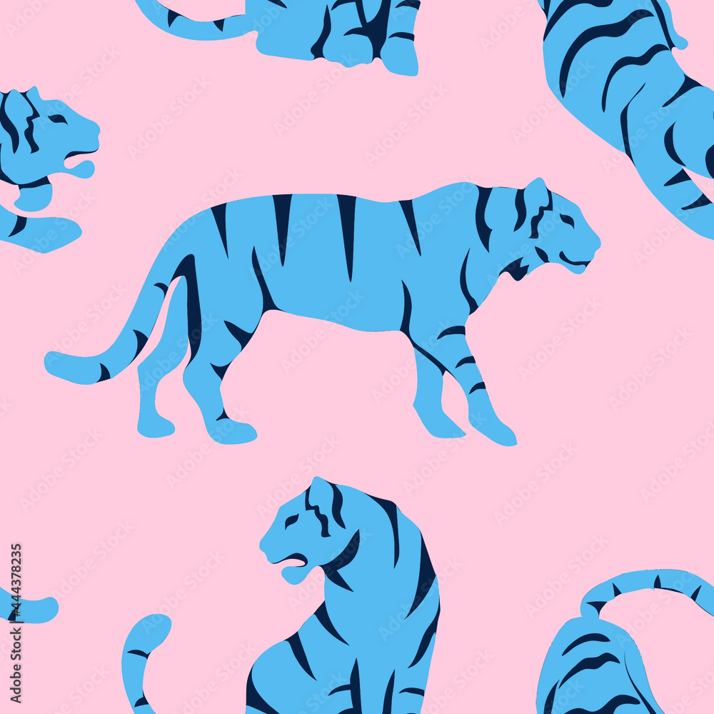 Obraz premium Vector seamless pattern with cute tigers on background. Circus animal show. Fashionable fabric design.