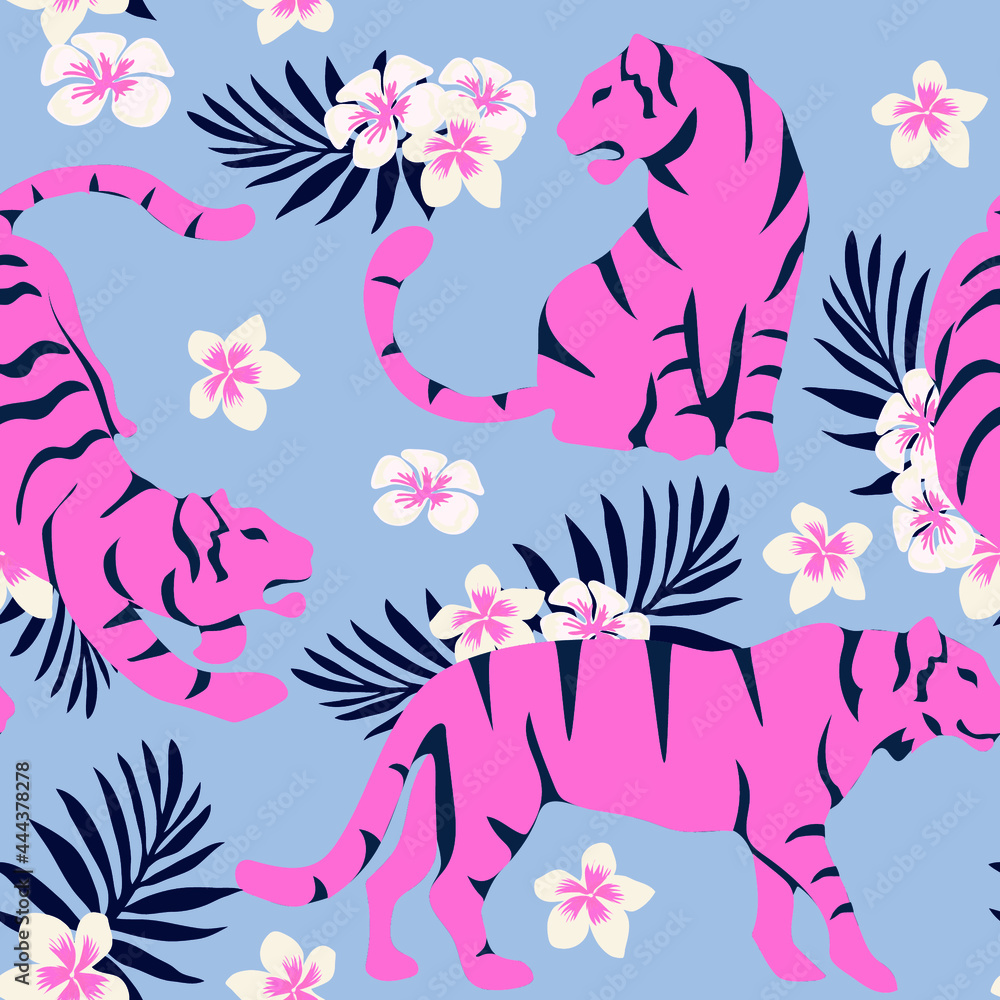 Vector seamless pattern with cute tigers on background. Circus animal show. Fashionable fabric design. Vector illustration of tigers with tropical leaves and exotic plants on a PASTEL background. 