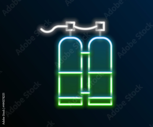 Glowing neon line Aqualung icon isolated on black background. Oxygen tank for diver. Diving equipment. Extreme sport. Sport equipment. Colorful outline concept. Vector