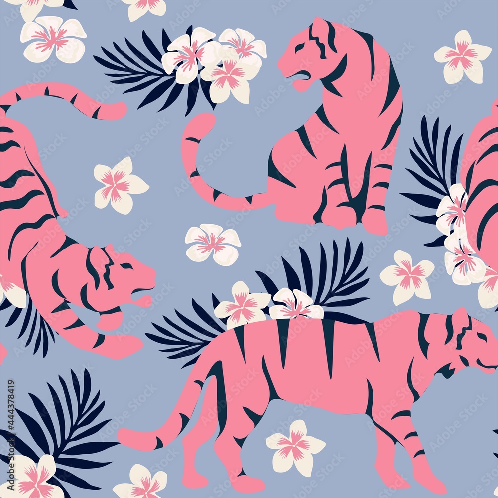 Vector seamless pattern with cute tigers on background. Circus animal show. Fashionable fabric design. Vector illustration of tigers with tropical leaves and exotic plants on a PASTEL background. 