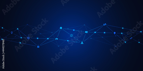 Information technology background with infographic elements and flat icons. Digital technology, network connection and communication concept. Vector illustration