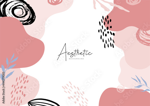 Trendy warm color of the earth tone floral social media post creative vector. Background template with copy space for text and images design by abstract colored shapes  line arts  tropical leaves