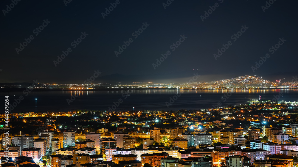 Beautiful Izmir Gulf view from Narlidere town. Long exposure photo at night.